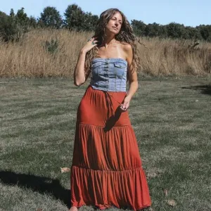 New Pumpkin Rust Pleated Maxi Goddess Tiered Skirt
