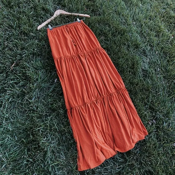 New Pumpkin Rust Pleated Maxi Goddess Tiered Skirt