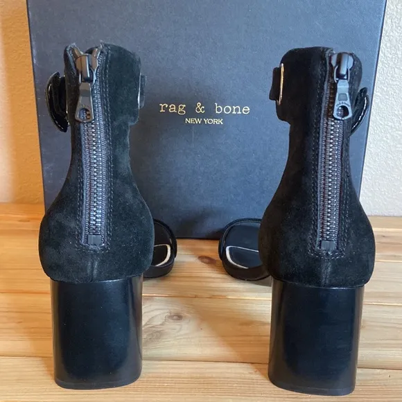 NEW! rag &amp; bone ELLIS MID HEEL 37.5 7.5 Black Suede Leather Ankle Strap Heels