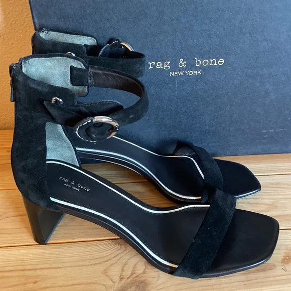 NEW! rag &amp; bone ELLIS MID HEEL 37.5 7.5 Black Suede Leather Ankle Strap Heels