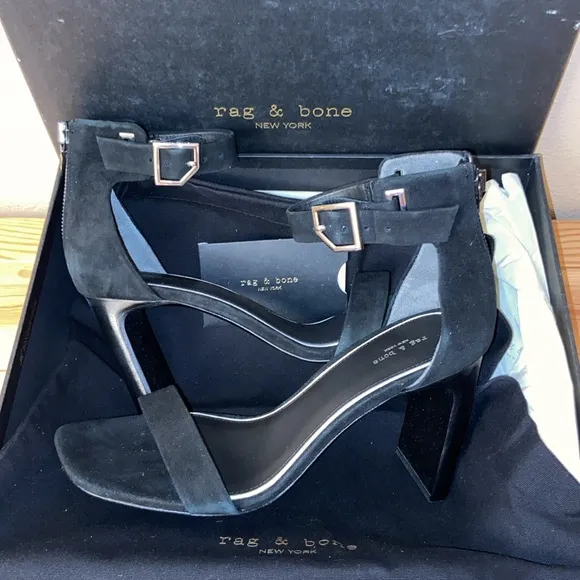 NEW! rag &amp; bone ELLIS MID HEEL 37.5 7.5 Black Suede Leather Ankle Strap Heels