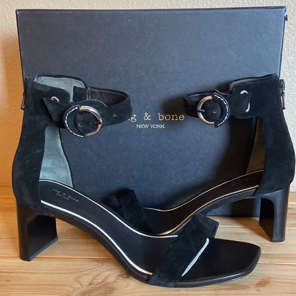NEW! rag &amp; bone ELLIS MID HEEL 37.5 7.5 Black Suede Leather Ankle Strap Heels