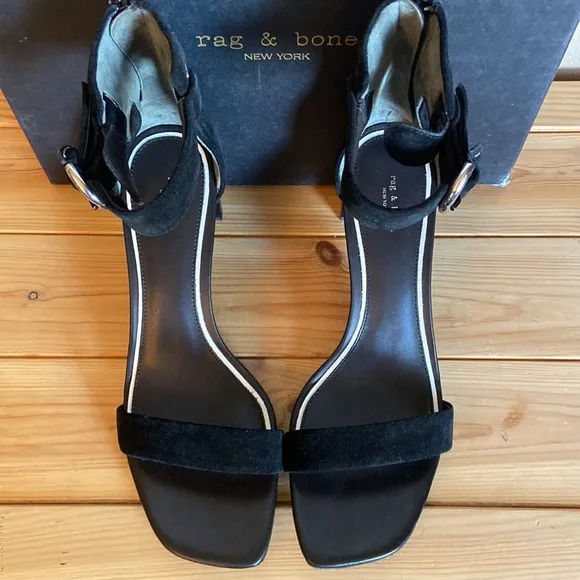 NEW! rag &amp; bone ELLIS MID HEEL 37.5 7.5 Black Suede Leather Ankle Strap Heels