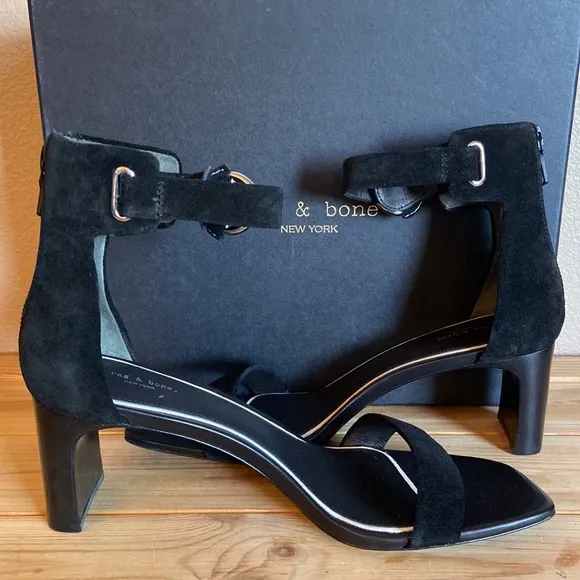 NEW! rag &amp; bone ELLIS MID HEEL 37.5 7.5 Black Suede Leather Ankle Strap Heels