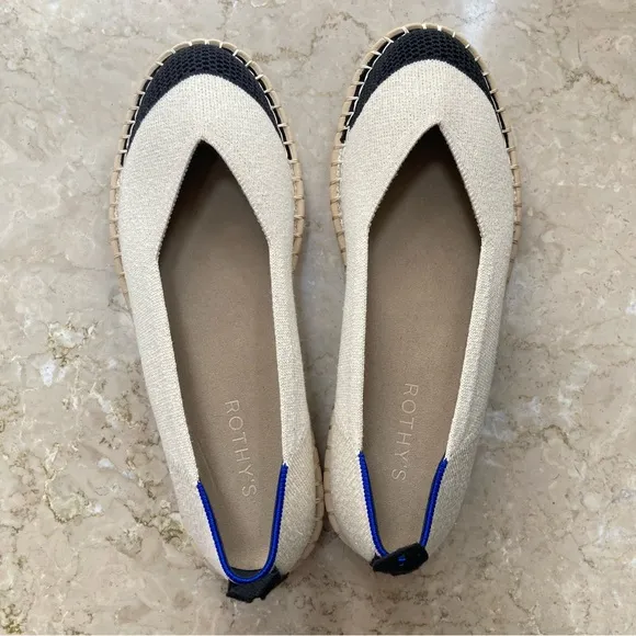 NEW Rothy's Women's The Espadrille Boardwalk Flats in Cream and Black, Size 9.5