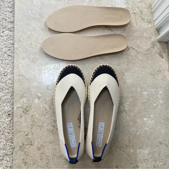 NEW Rothy's Women's The Espadrille Boardwalk Flats in Cream and Black, Size 9.5