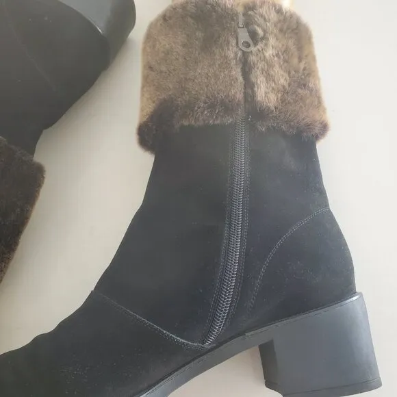 New Salvatore Ferragamo Black Suede Faux Fur Cuff All Weather Boot  9.5B