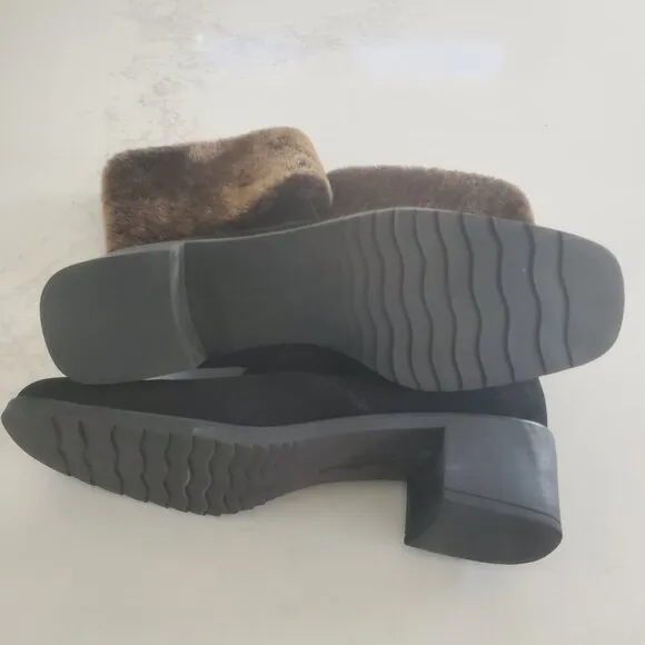 New Salvatore Ferragamo Black Suede Faux Fur Cuff All Weather Boot  9.5B