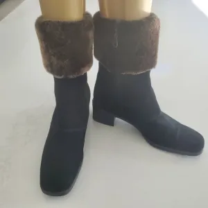 New Salvatore Ferragamo Black Suede Faux Fur Cuff All Weather Boot  9.5B