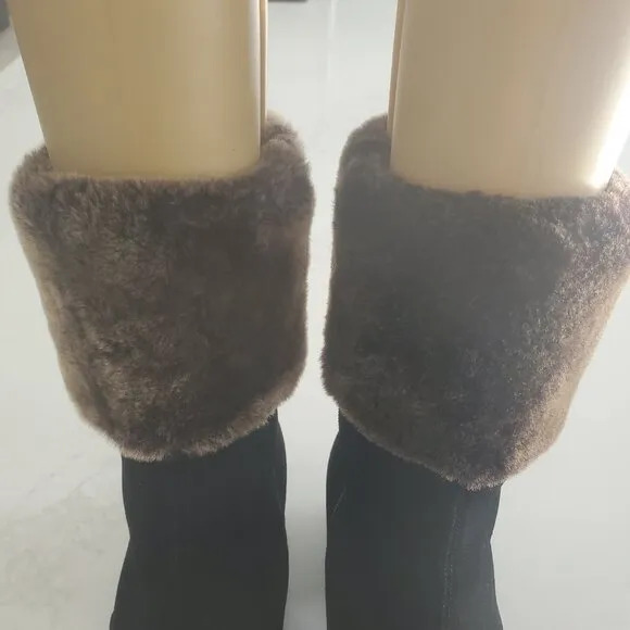New Salvatore Ferragamo Black Suede Faux Fur Cuff All Weather Boot  9.5B