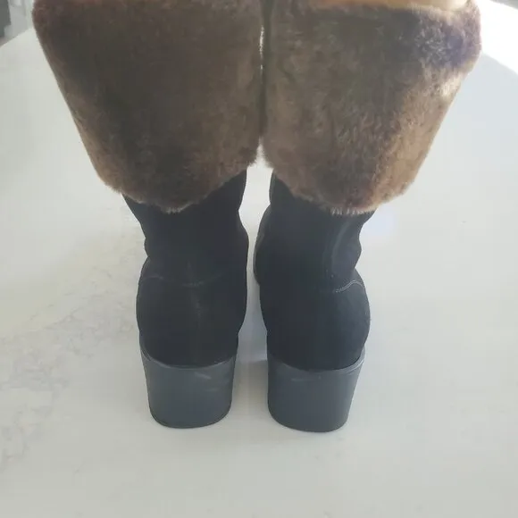 New Salvatore Ferragamo Black Suede Faux Fur Cuff All Weather Boot  9.5B