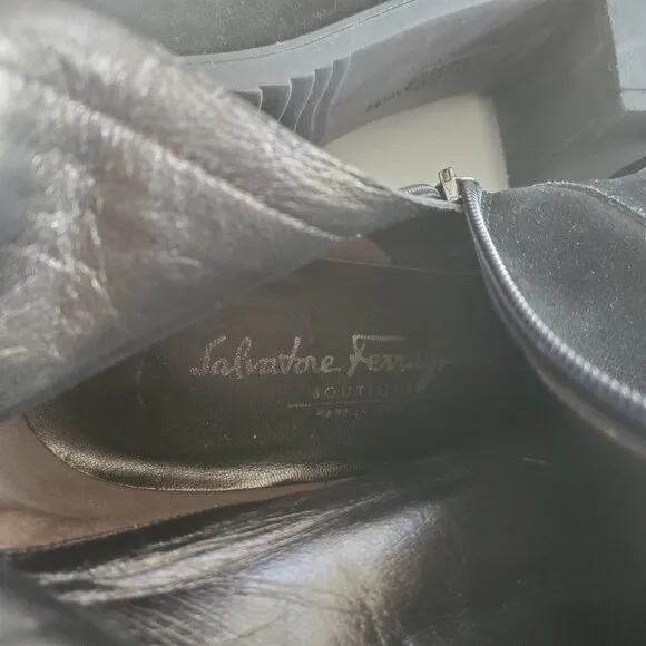 New Salvatore Ferragamo Black Suede Faux Fur Cuff All Weather Boot  9.5B