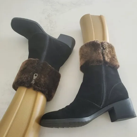 New Salvatore Ferragamo Black Suede Faux Fur Cuff All Weather Boot  9.5B