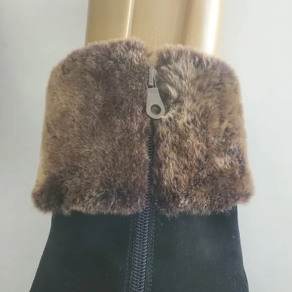 New Salvatore Ferragamo Black Suede Faux Fur Cuff All Weather Boot  9.5B