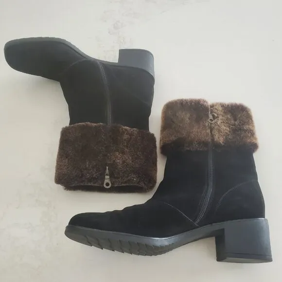 New Salvatore Ferragamo Black Suede Faux Fur Cuff All Weather Boot  9.5B