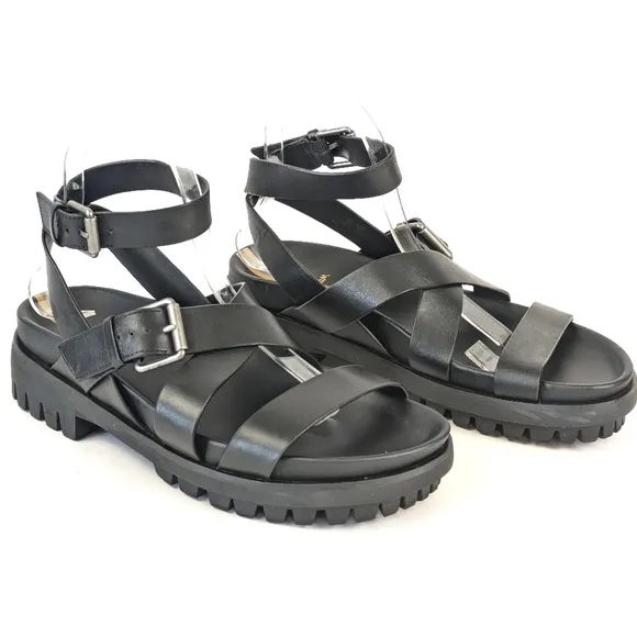 NEW Sam Edelman Eleanora Ankle Strap Gladiator Lug Sole Black Sandal Size 9