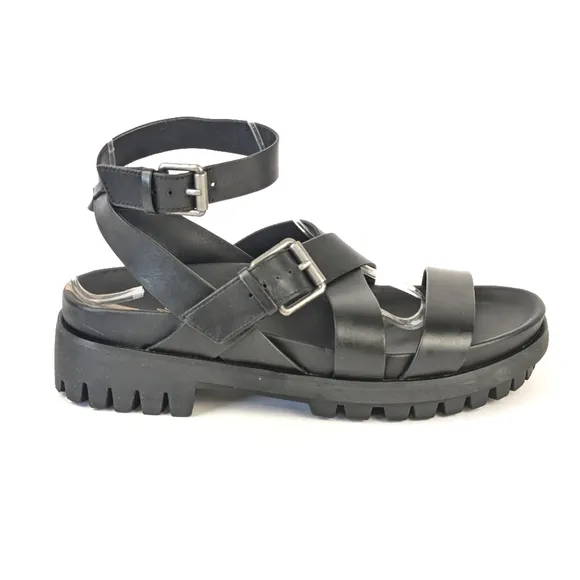 NEW Sam Edelman Eleanora Ankle Strap Gladiator Lug Sole Black Sandal Size 9