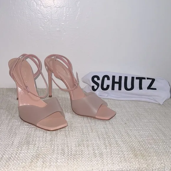 NEW Schutz Jamili Nude Rose Blush square toe Sandals Strappy High Heels Size 9.5