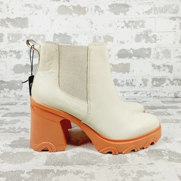 NEW Sorel Brex Cream Beige Leather Pull On Block Heel Chelsea Boots V203