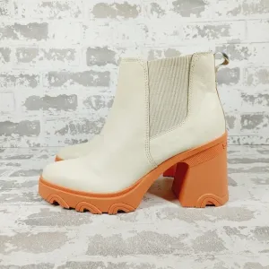 NEW Sorel Brex Cream Beige Leather Pull On Block Heel Chelsea Boots V203