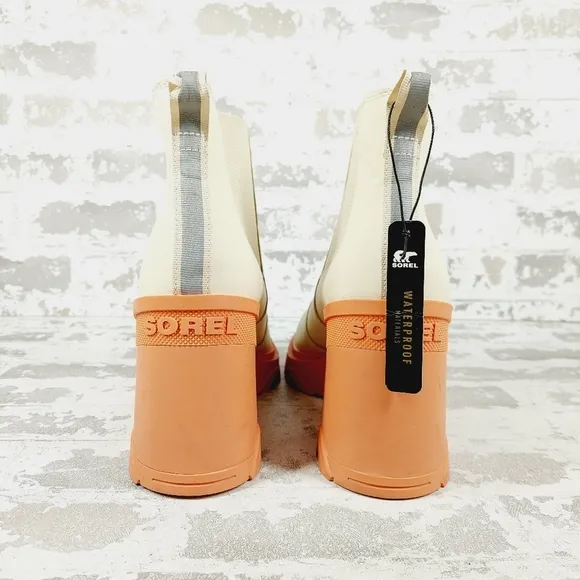 NEW Sorel Brex Cream Beige Leather Pull On Block Heel Chelsea Boots V203