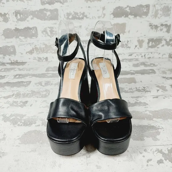 NEW Steven New York Paysin Black Faux Leather Platform Sandals O556