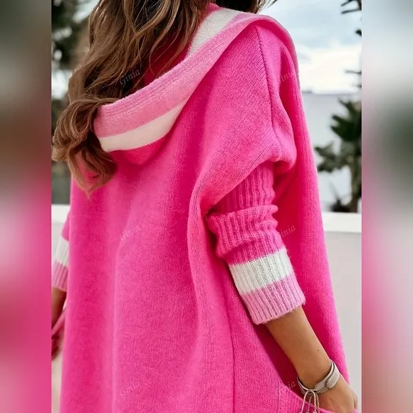 New Stylish Women Contrast Color Hooded Knit Cardigan