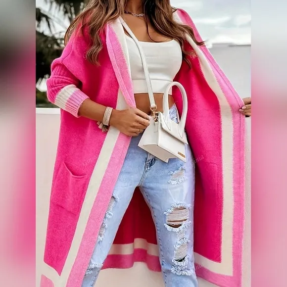 New Stylish Women Contrast Color Hooded Knit Cardigan