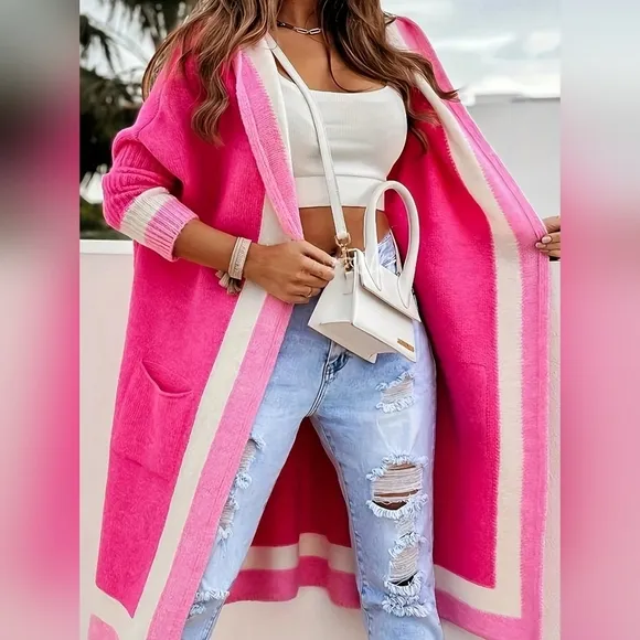 New Stylish Women Contrast Color Hooded Knit Cardigan