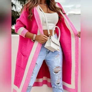 New Stylish Women Contrast Color Hooded Knit Cardigan