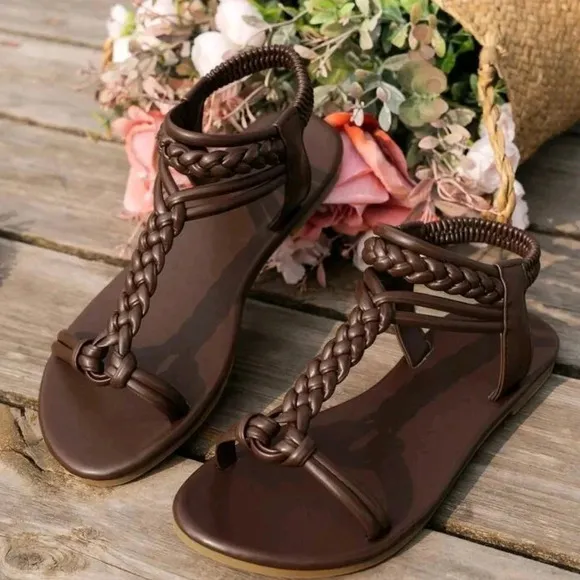 New Summer Women Deep Brown Woven Braided Strappy Beach Flat Sandals