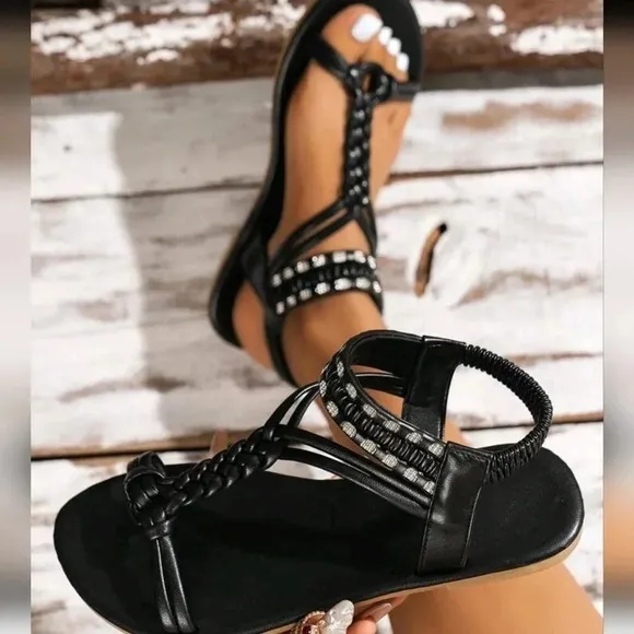 New Summer Women Deep Brown Woven Braided Strappy Beach Flat Sandals