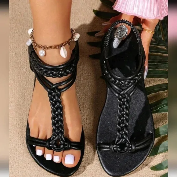New Summer Women Deep Brown Woven Braided Strappy Beach Flat Sandals