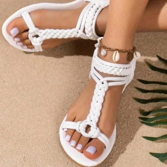 New Summer Women Deep Brown Woven Braided Strappy Beach Flat Sandals