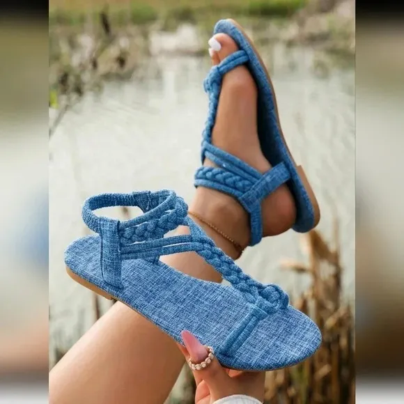 New Summer Women Deep Brown Woven Braided Strappy Beach Flat Sandals