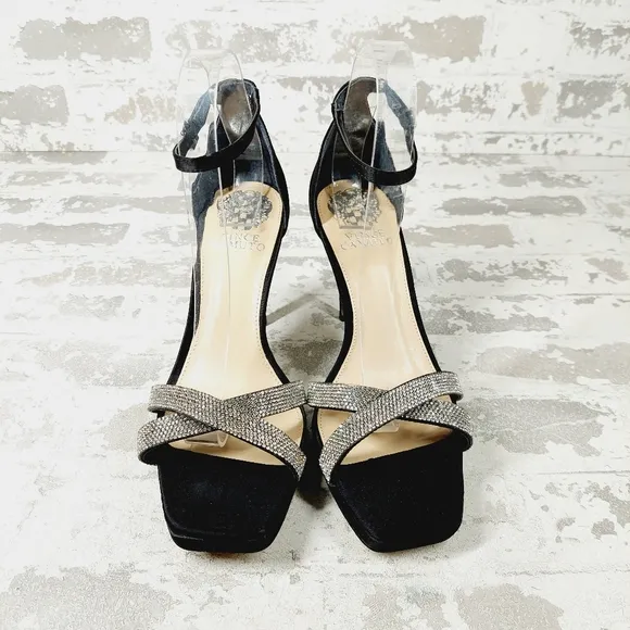 NEW Vince Camuto Kalvira Black Crossover Crystal Ankle Strap Sandals X275