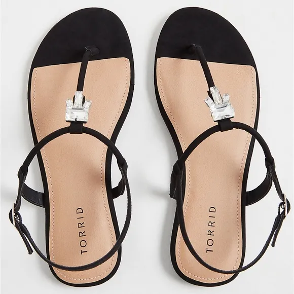 New Wide Black Faux Suede Jeweled T-Strap Sandal