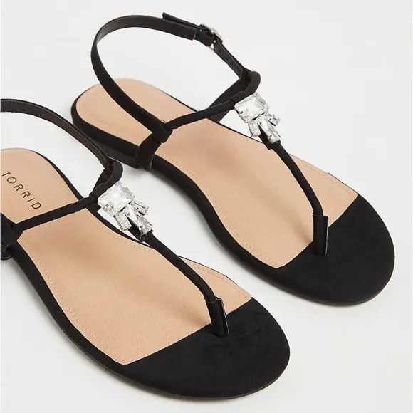 New Wide Black Faux Suede Jeweled T-Strap Sandal