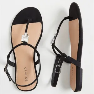 New Wide Black Faux Suede Jeweled T-Strap Sandal