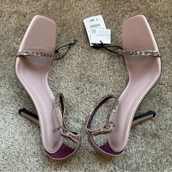 New Zara $69 High Heeled Square Toe Pink Sandals with Chain 1307/810 Size 10