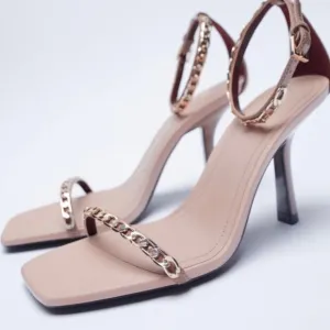 New Zara $69 High Heeled Square Toe Pink Sandals with Chain 1307/810 Size 10