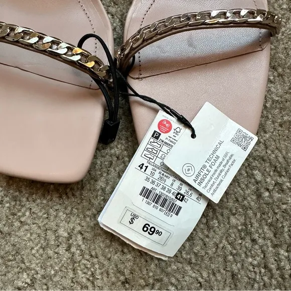 New Zara $69 High Heeled Square Toe Pink Sandals with Chain 1307/810 Size 10
