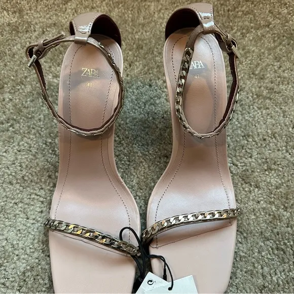 New Zara $69 High Heeled Square Toe Pink Sandals with Chain 1307/810 Size 10