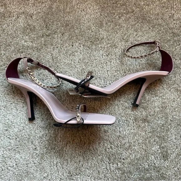 New Zara $69 High Heeled Square Toe Pink Sandals with Chain 1307/810 Size 10