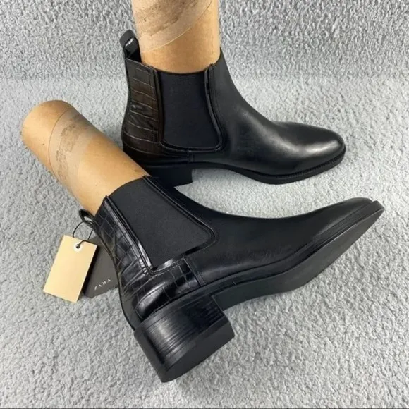 NEW zara bootie black leather ankle boots elastic GUSSET pull on womens 11 EU 42