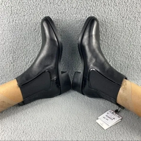 NEW zara bootie black leather ankle boots elastic GUSSET pull on womens 11 EU 42