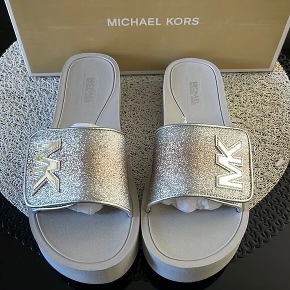 NEW MICHAEL KORS platform glitter silver sandals 10