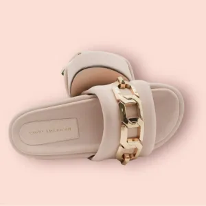 NIB Good American Gold Chain Platform Slide Sandals Nude blush size 6.5