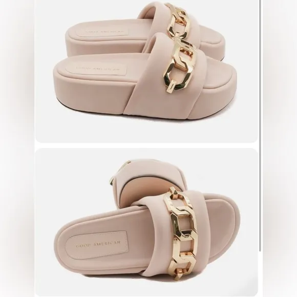 NIB Good American Gold Chain Platform Slide Sandals Nude blush size 6.5