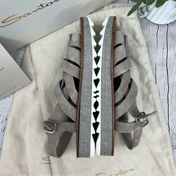 NIB Santoni Kiltie Fringe Suede Platform Sandals Grey Taupe Sz EU 37